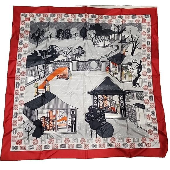 new RARE Chinese SILK SCARF Sizhou China scene with gift box 33" square size - Picture 1 of 9